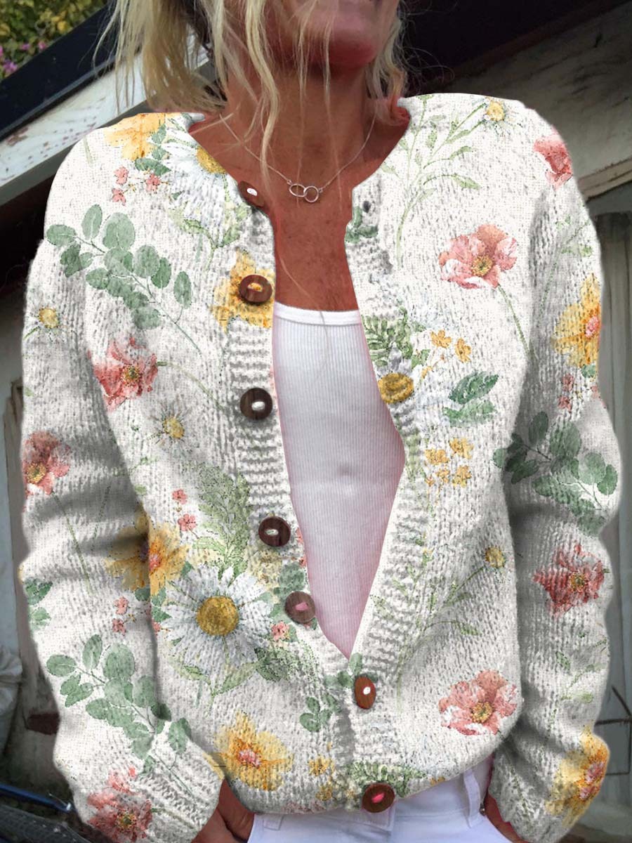 Women's Colourful Art Watercolour Flowers Print Buttoned Cardigan Swea