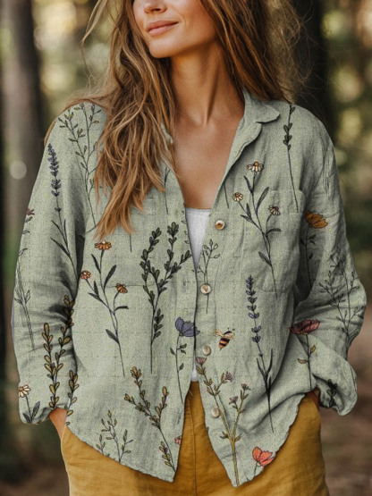 Women's Vintage Lovely Floral Art Print Casual Long Sleeve Comfortable Cotton Shirt