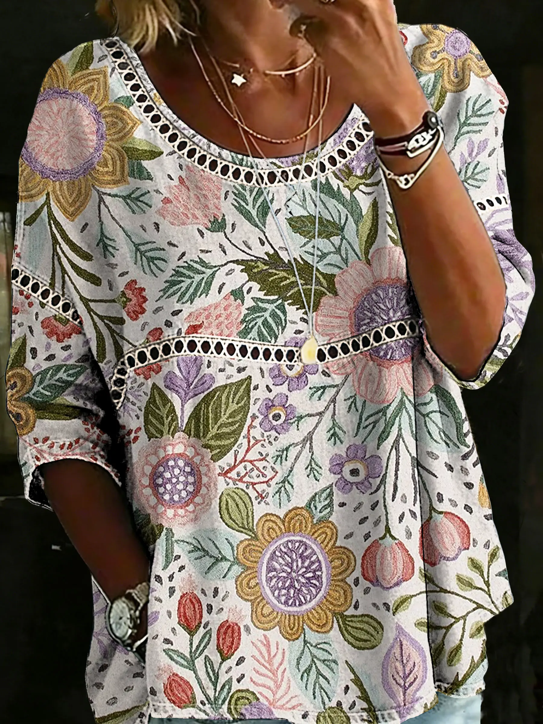 Women's Vintage Multicolor Ethnic Floral Casual Loose Denim Blouse Shirt