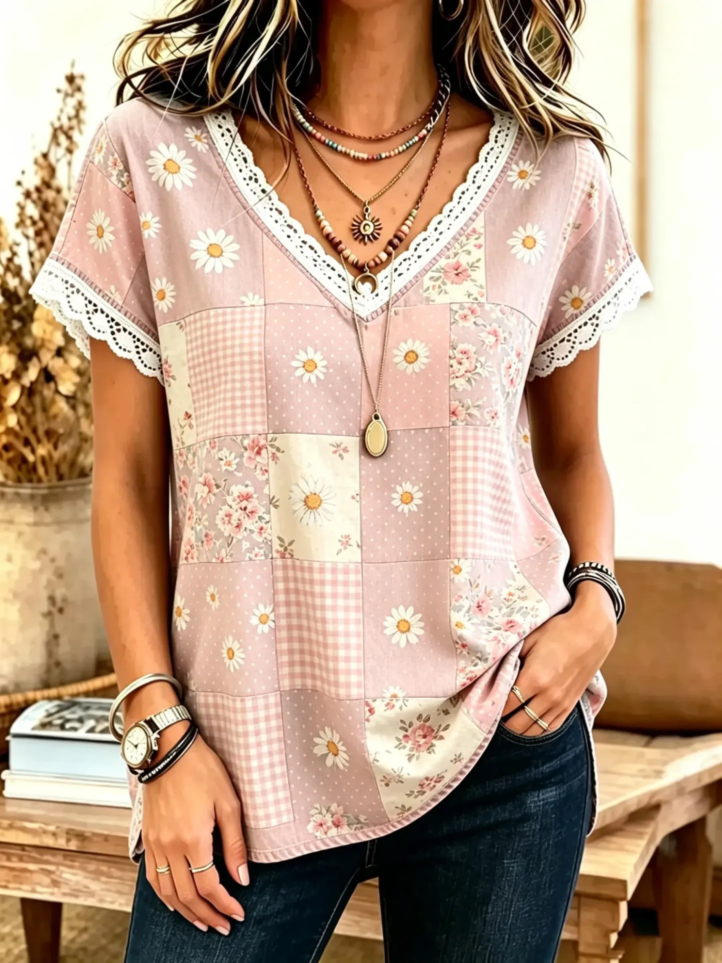 Women's Patchwork Floral Print Cotton Lace Trim V-Neck Blouse