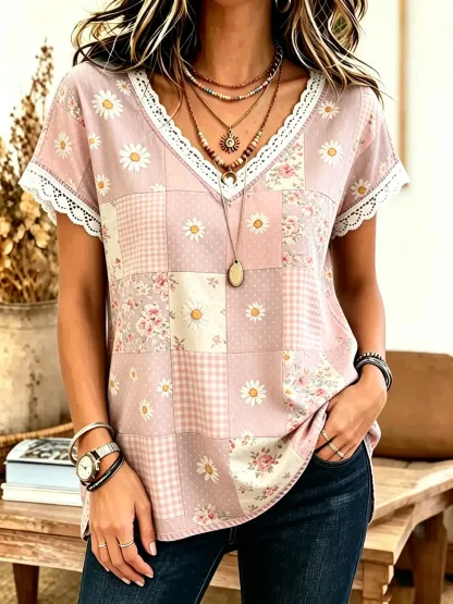 Women's Patchwork Floral Print Cotton Lace Trim V-Neck Blouse
