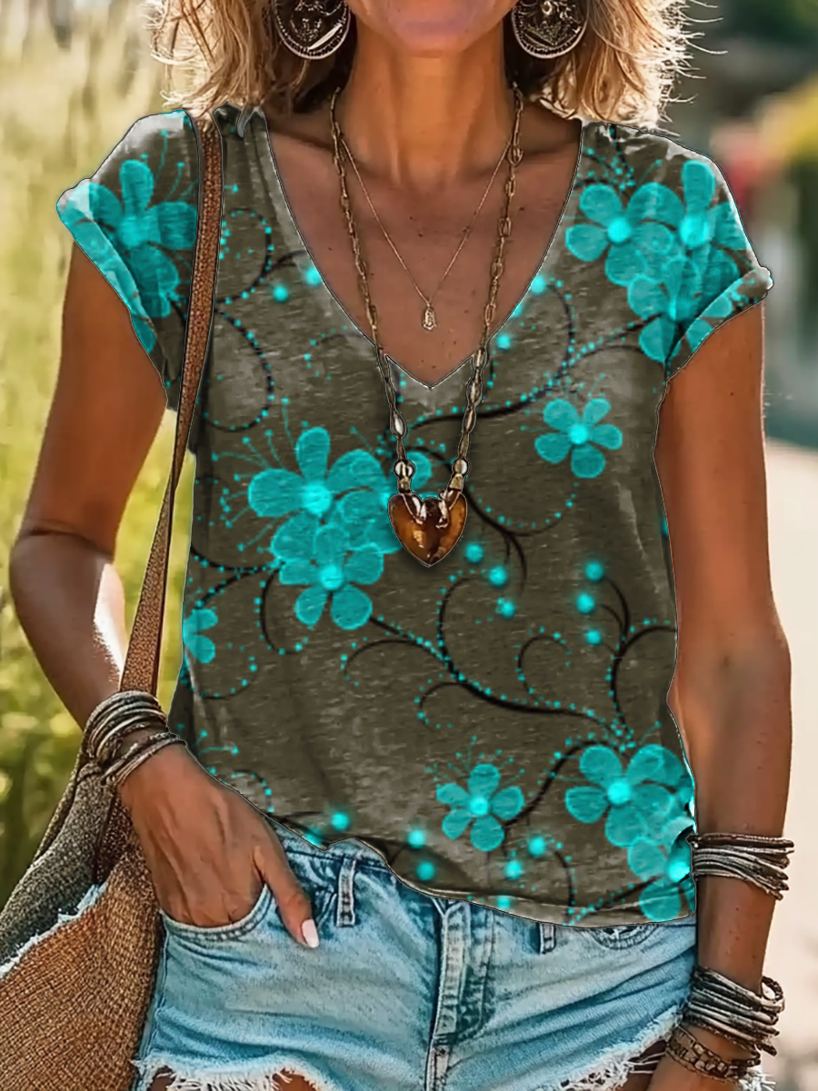 Bohemian Floral Art Print 100%Cotton V-neck T-Shirt