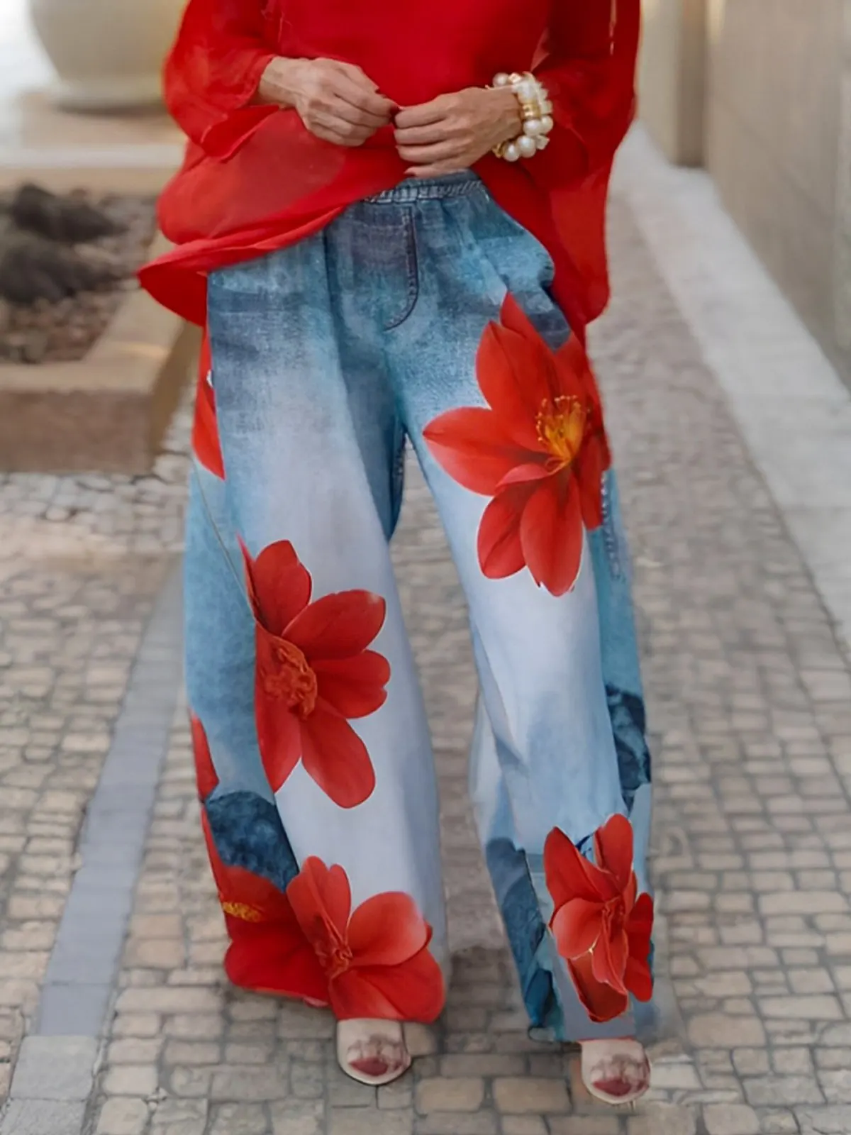 Women's Floral Print Comfortable Loose-Fit Jeans