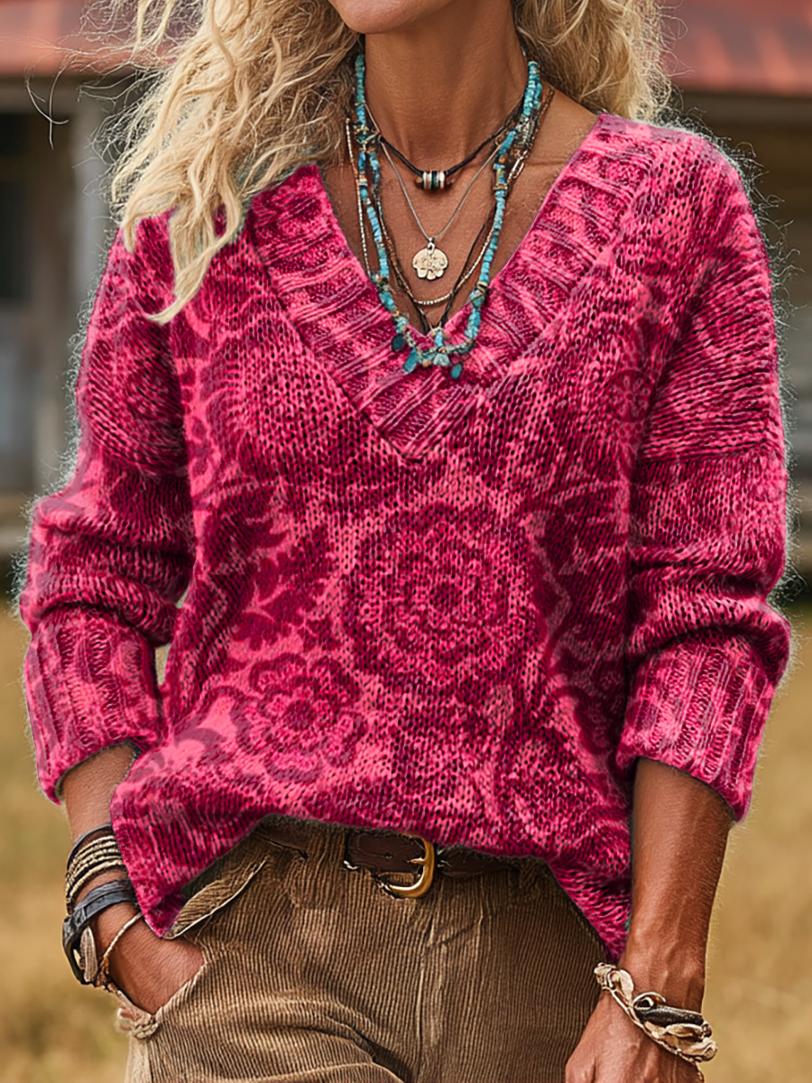 Women's Vintage Textured Floral Art Print Casual Long-sleeved V-neck Wool Blend Knitted Sweater