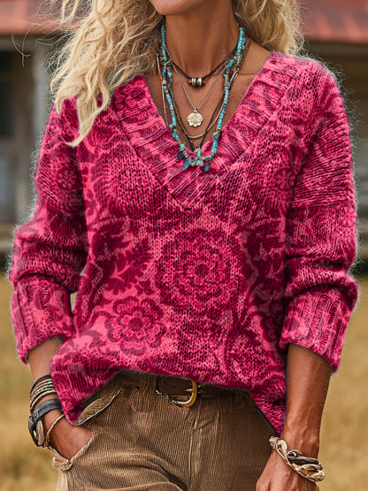 Women's Vintage Textured Floral Art Print Casual Long-sleeved V-neck Wool Blend Knitted Sweater