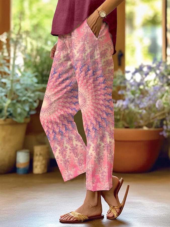 Women's Casual Retro Lotus Art Cotton and Linen Pants(With Pockets)