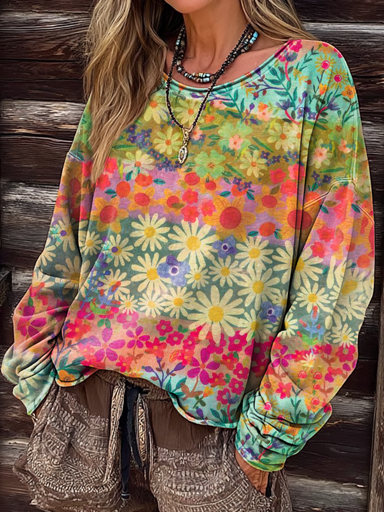 Women's Colorful Floral Art Print Casual Long-Sleeve Crew Neck T-Shirt