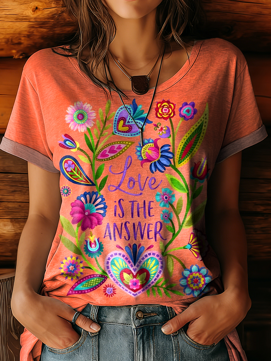 Women's Vintage Orange Floral Love Is The Answer Art Print Casual V-neck Short Sleeve Cotton T-shirt