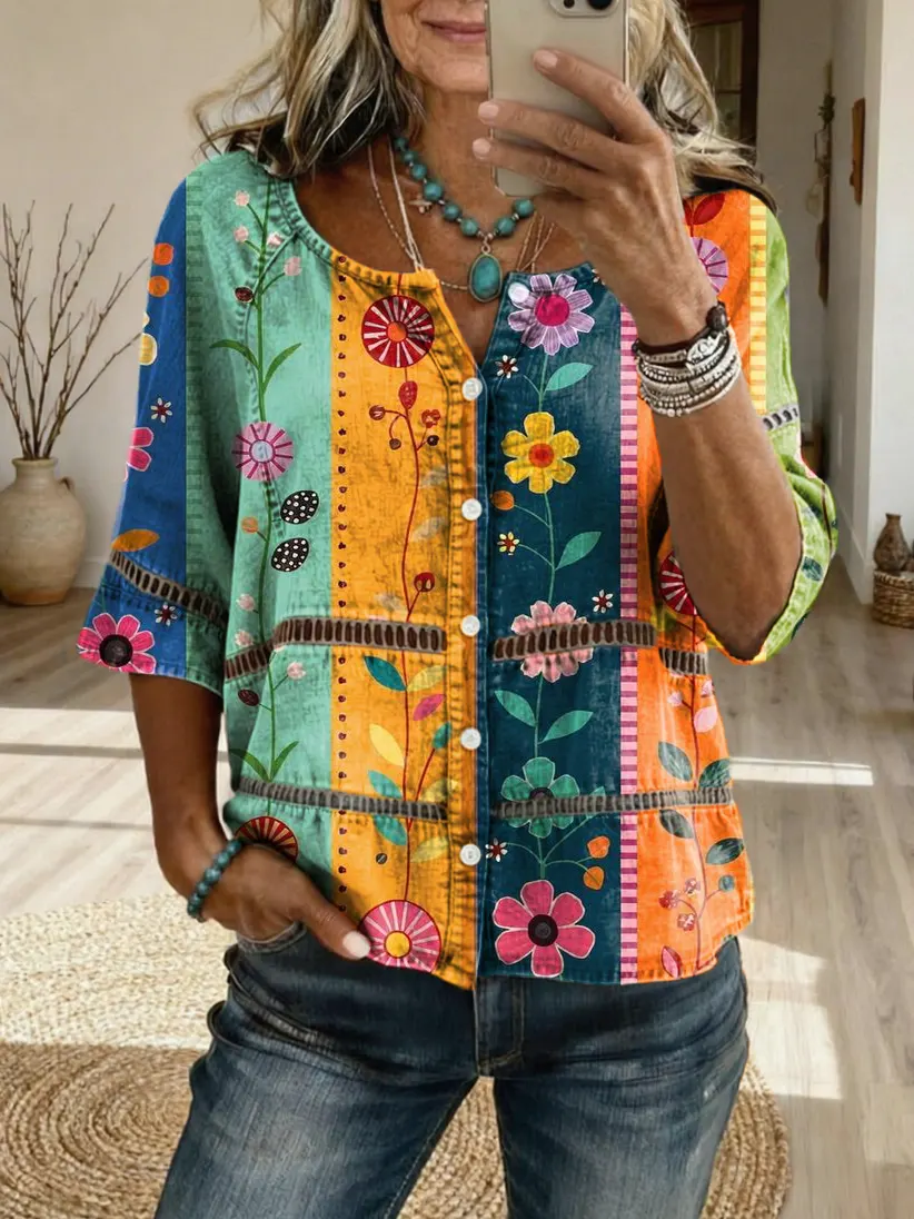 Women's Bohemian Colorful Striped Floral Art Print Casual Hollow-Out Top