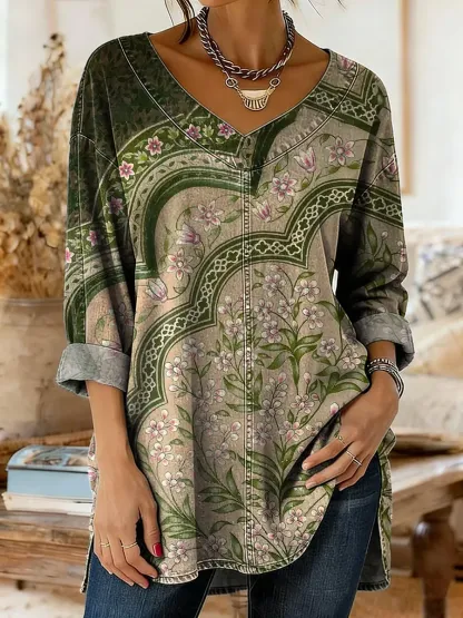 Retro Ethnic Floral Pattern Art Print Casual Washed Denim Cotton Top