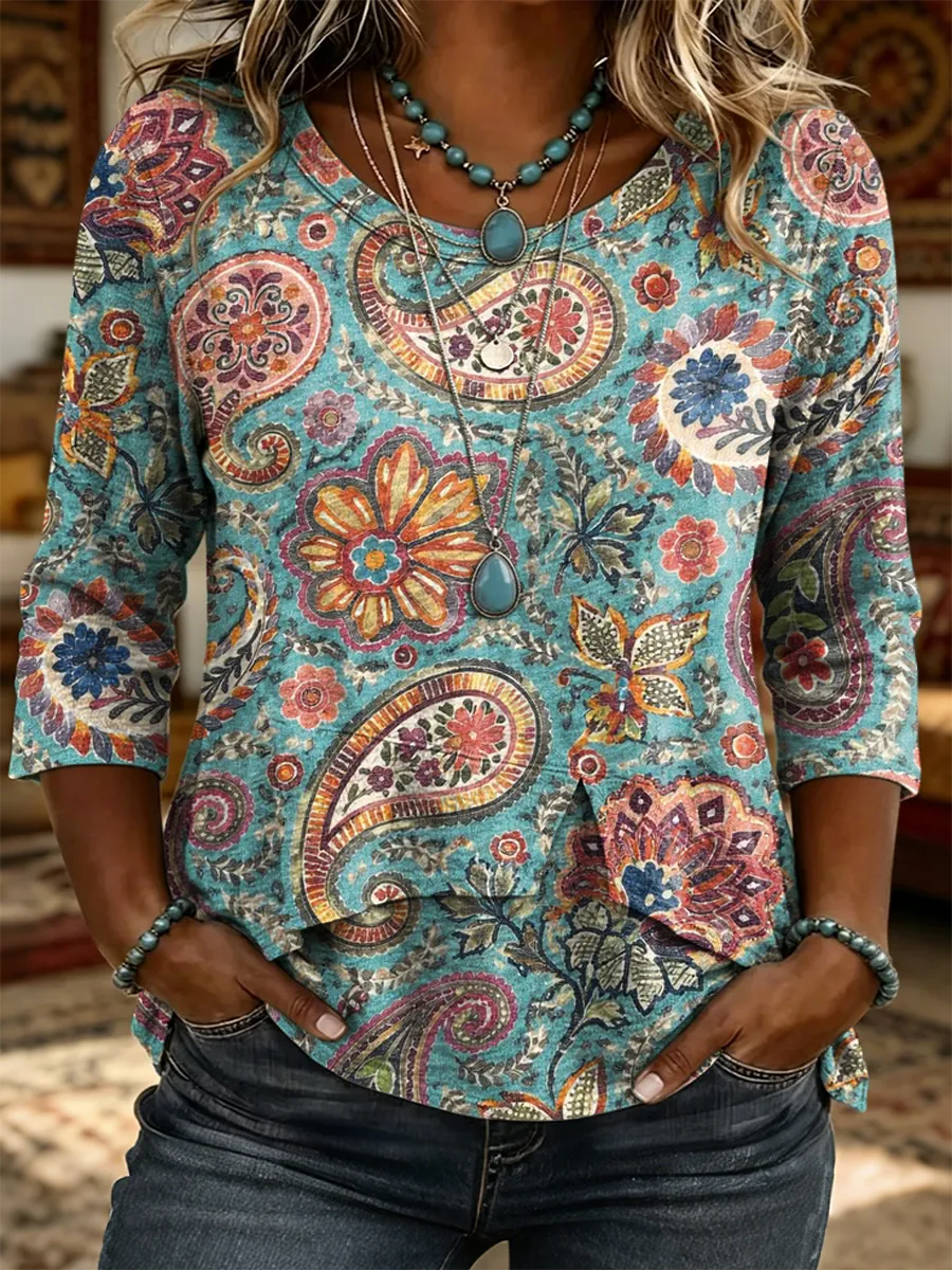 Women's Retro Bohemian Paisley Art Print Casual Three-quarter Sleeve Round Neck Patchwork Shirt