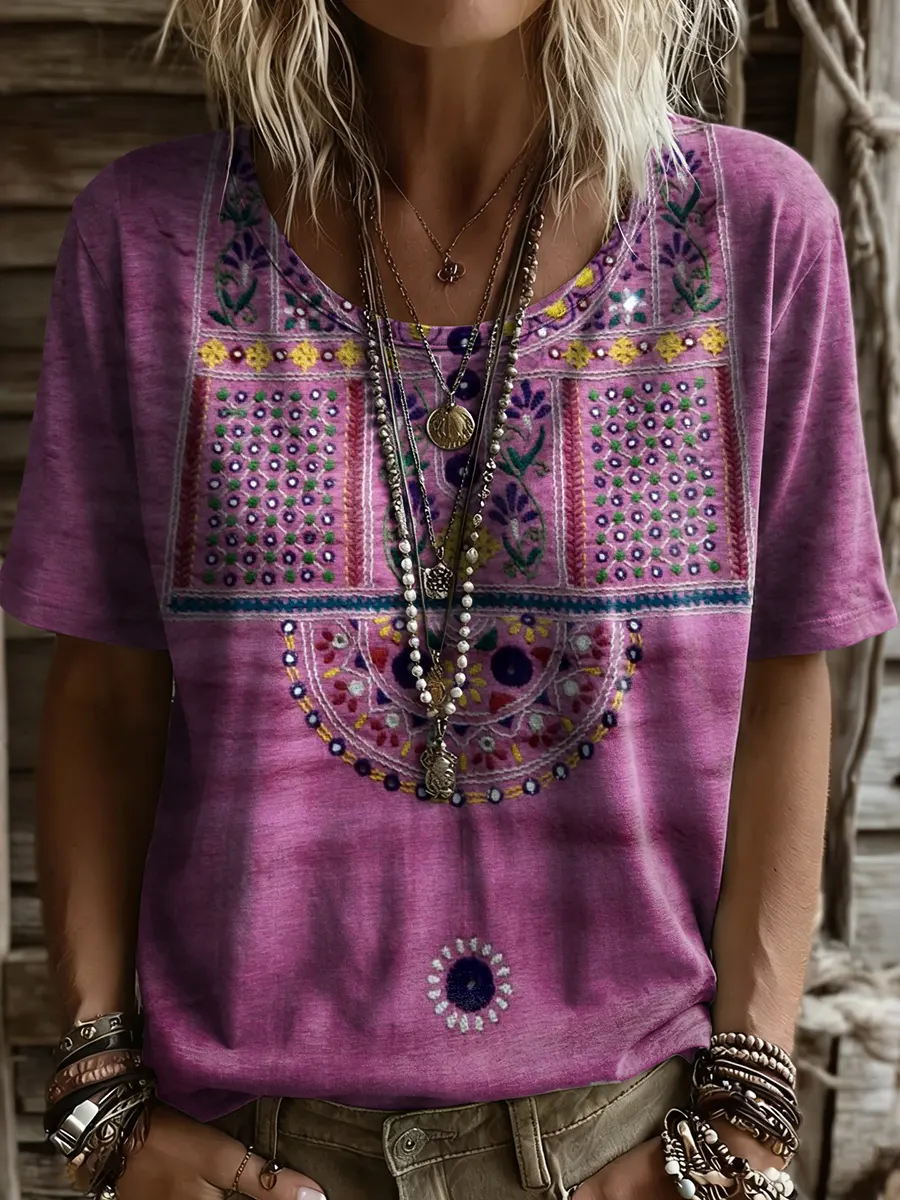 Women's Retro Ethnic Floral Print Round-neck Short-sleeve T-shirt