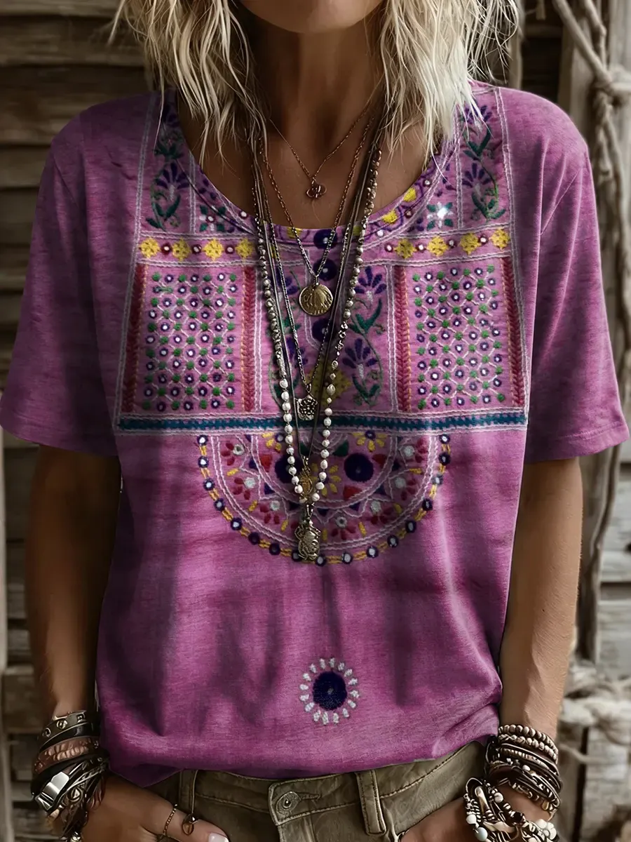Women's Retro Ethnic Floral Print Round-neck Short-sleeve T-shirt