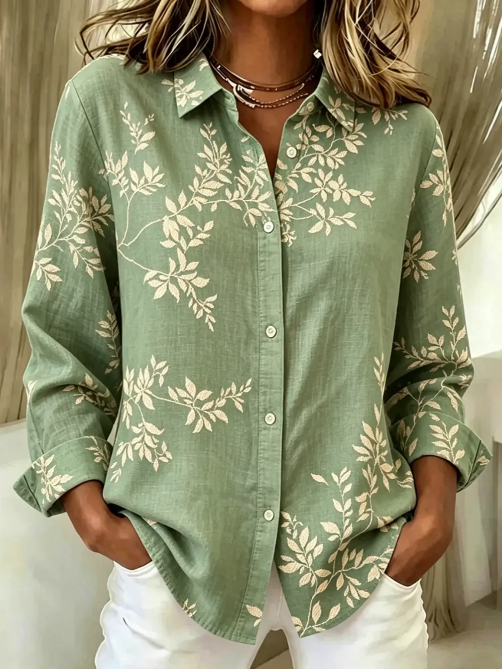 Women'S Collar Long Sleeved Plant Pattern Regular High Elasticity Shirt