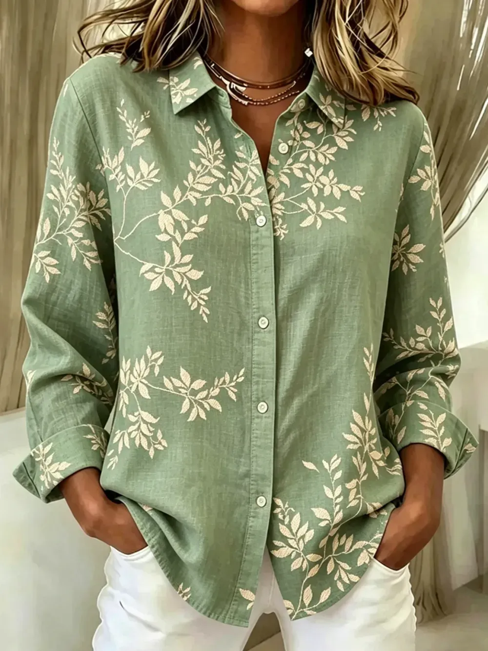 Women'S Collar Long Sleeved Plant Pattern Regular High Elasticity Shirt