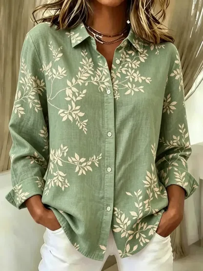 Women'S Collar Long Sleeved Plant Pattern Regular High Elasticity Shirt