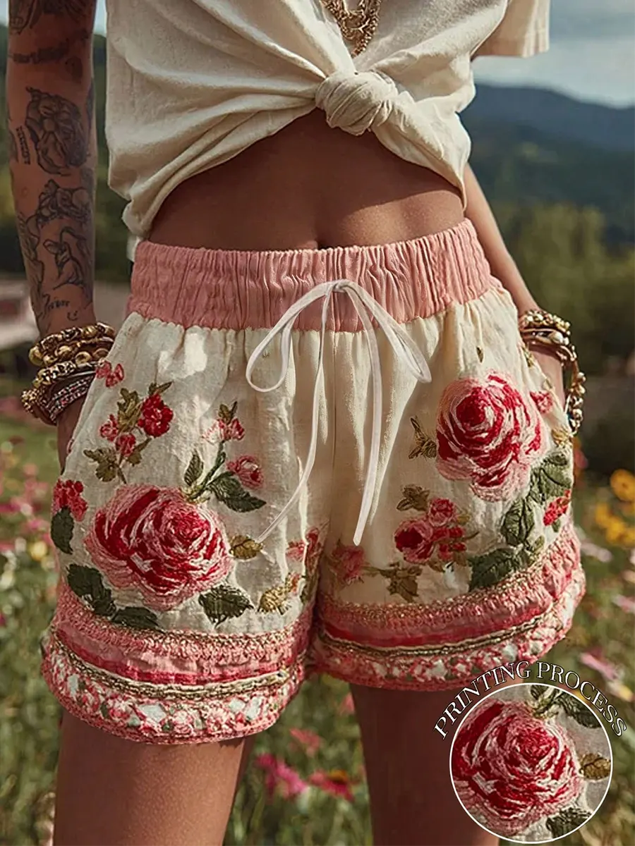 Women's Bohemian Floral Patchwork Print Elastic Waist Drawstring Pocket Shorts