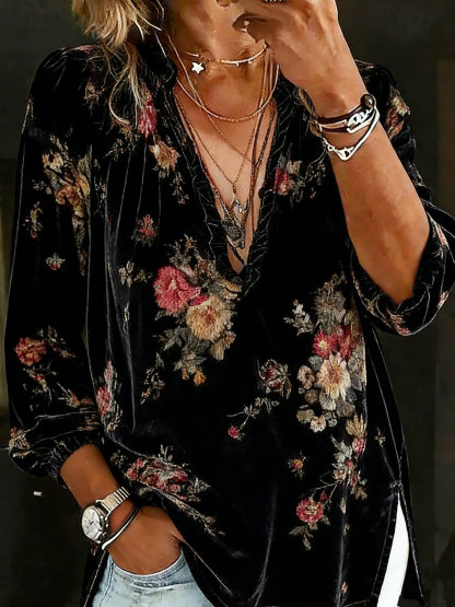 Retro Black Velvet Flower Printed Top