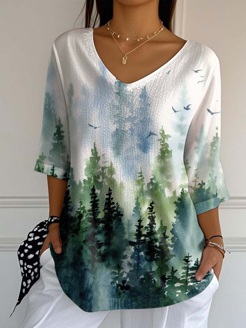 Women's National Park Forest Plant Art Print Casual V Neck T-Shirt