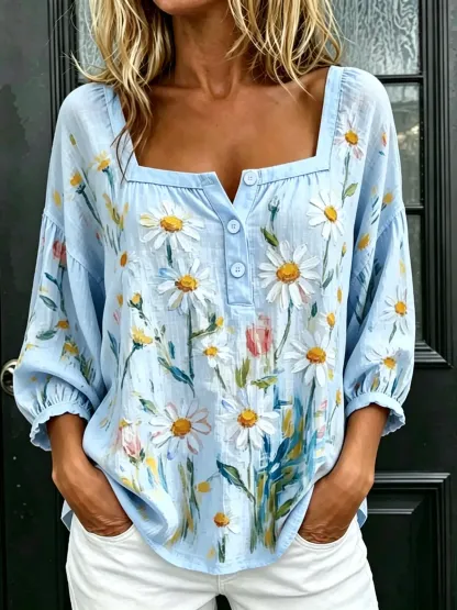 Women's Watercolor Daisy Floral Print Puff 3/4 Sleeve Blouse