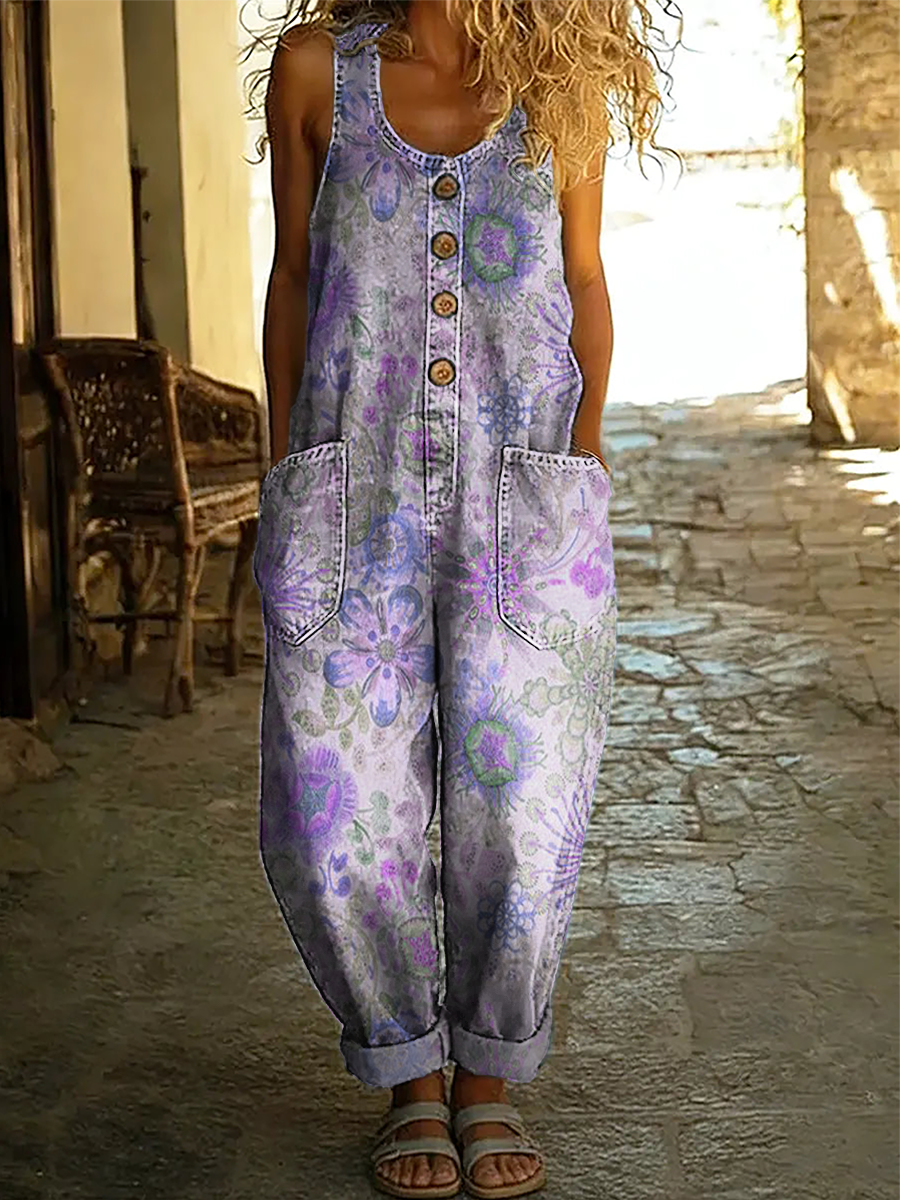 Women's Vintage Floral Art Print Sleeveless Washed Cotton Denim Jumpsuit