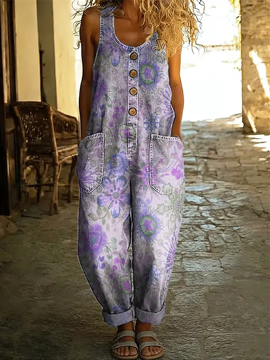 Women's Vintage Floral Art Print Sleeveless Washed Cotton Denim Jumpsuit