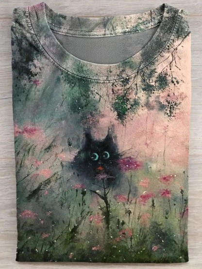 Funny Retro Black Cat Art Print Casual Cotton Short Sleeve T-shirt