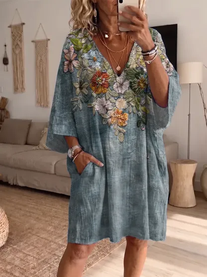 Ethnicity Texture Flowers Women's Art Print Casual Batwing Sleeve Dress With Pockets