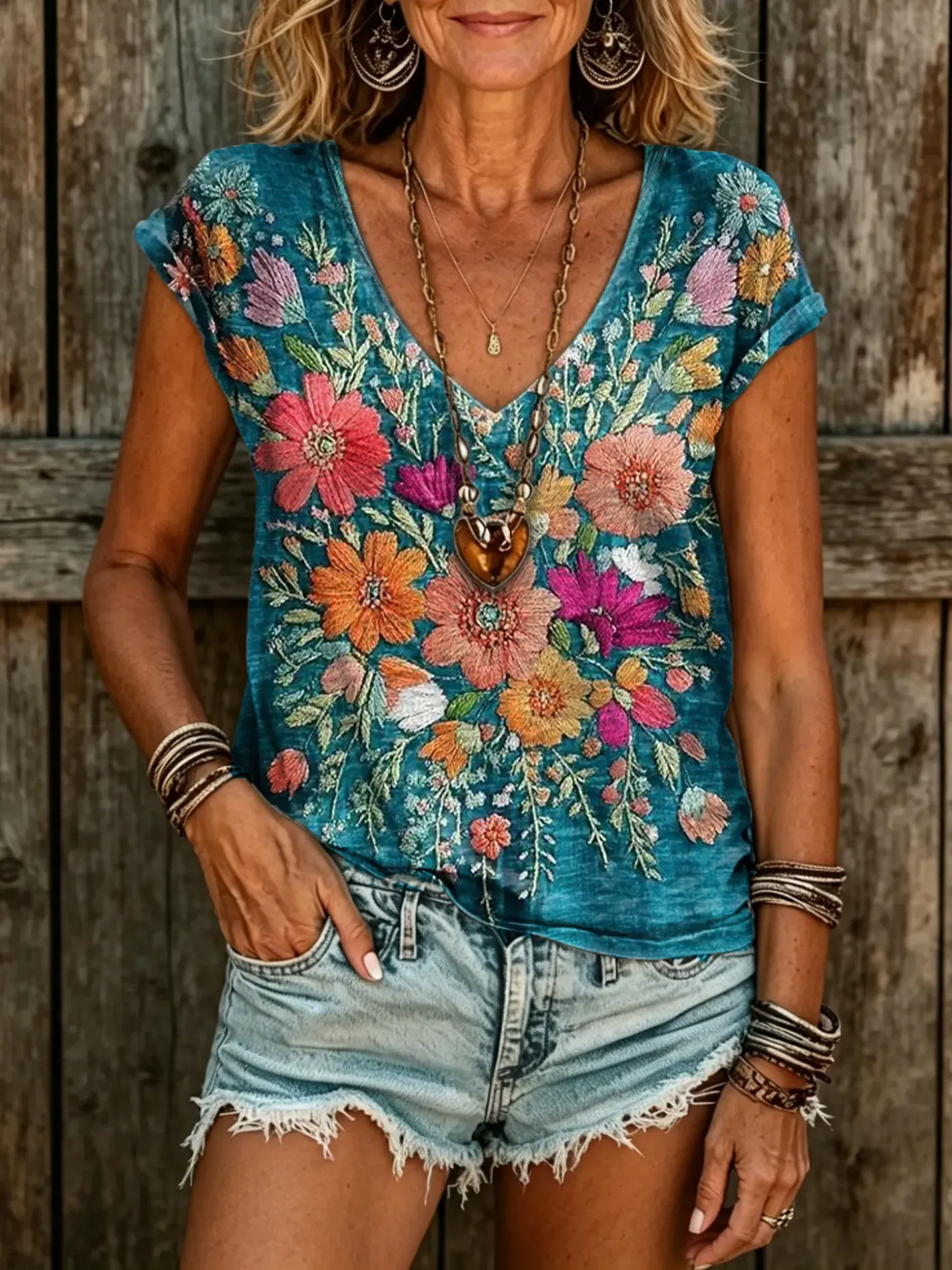 Women's Vintage Textured Floral Art Print V-Neck T-Shirt