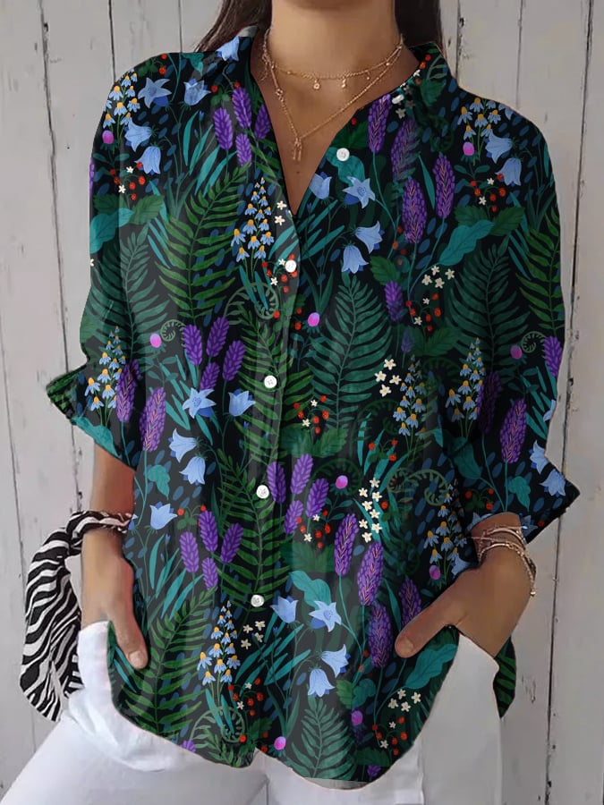 Women's Retro Forest Wildflowers Print Shirt