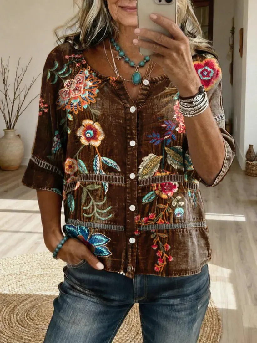 Women's Ethnic Bohemian Floral Art Print Casual Cutout Top