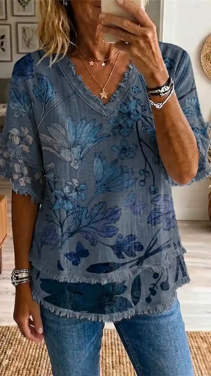 Ethnic Flower Women's Art Casual Patchwork V Collar Shirt