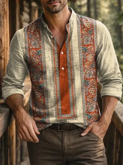 Retro Geometry Stripes Ethnic Floral Men's Print Casual 100% Cotton Shirt