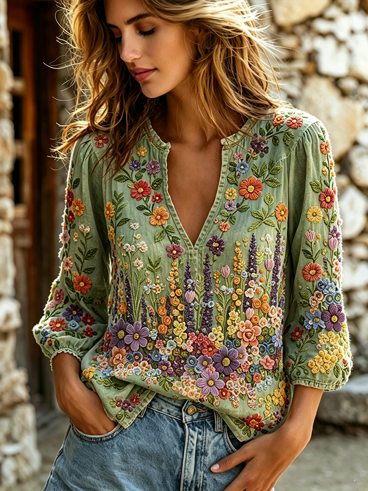 Women's Colorful Floral Art Embroidery Comfortable Cotton Linen V-neck Long Sleeve Top