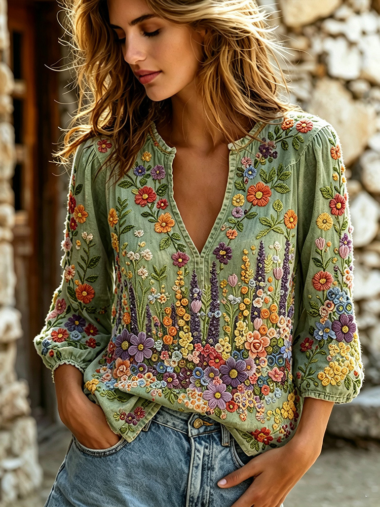 Women's Colorful Floral Art Embroidery Comfortable Cotton Linen V-neck Long Sleeve Top
