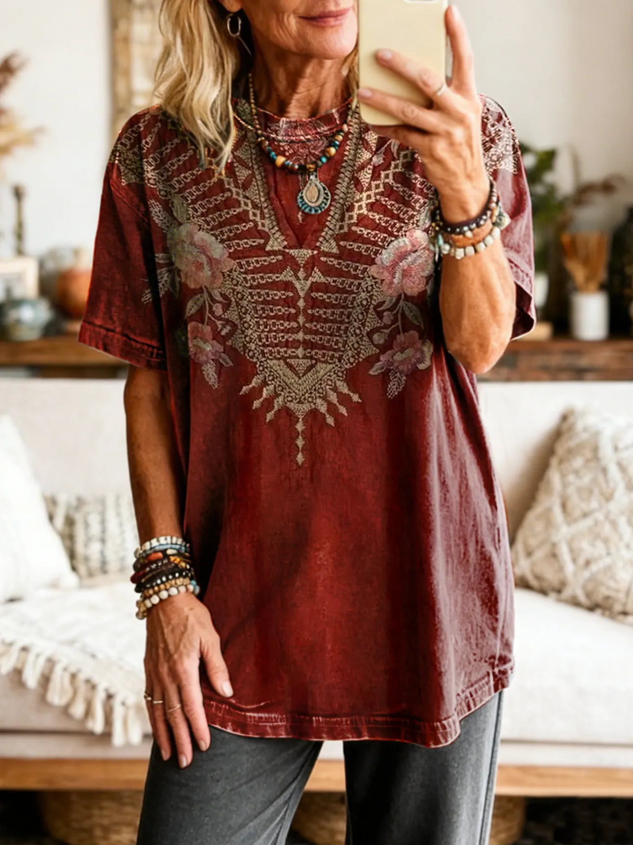 Unisex Bohemian-Style Ethnic Floral Art Print Casual Loose-Fit Short-Sleeve T-Shirt