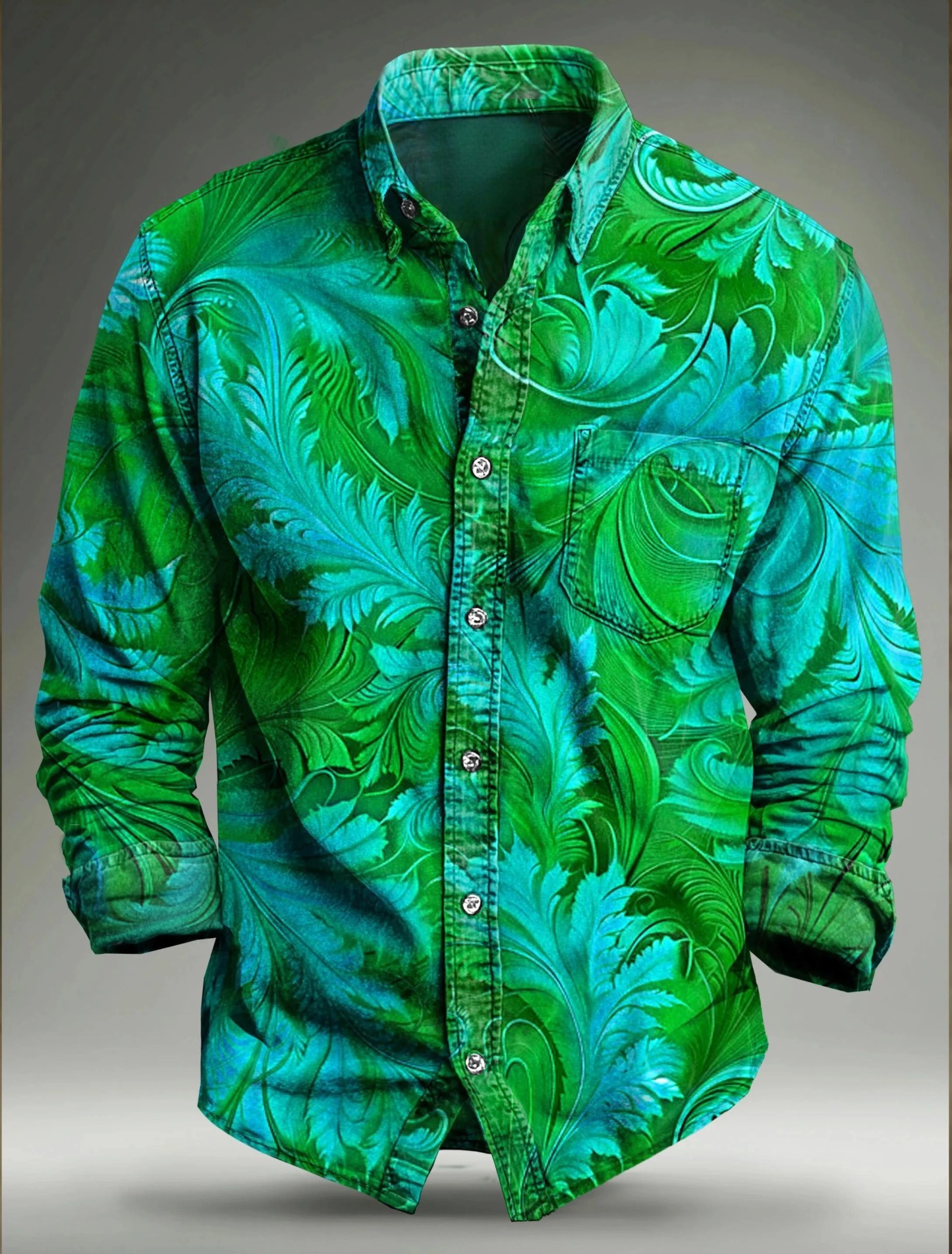 Feathered Scroll Parrot Green Art Print 100% Cotton Long Sleeve Shirt