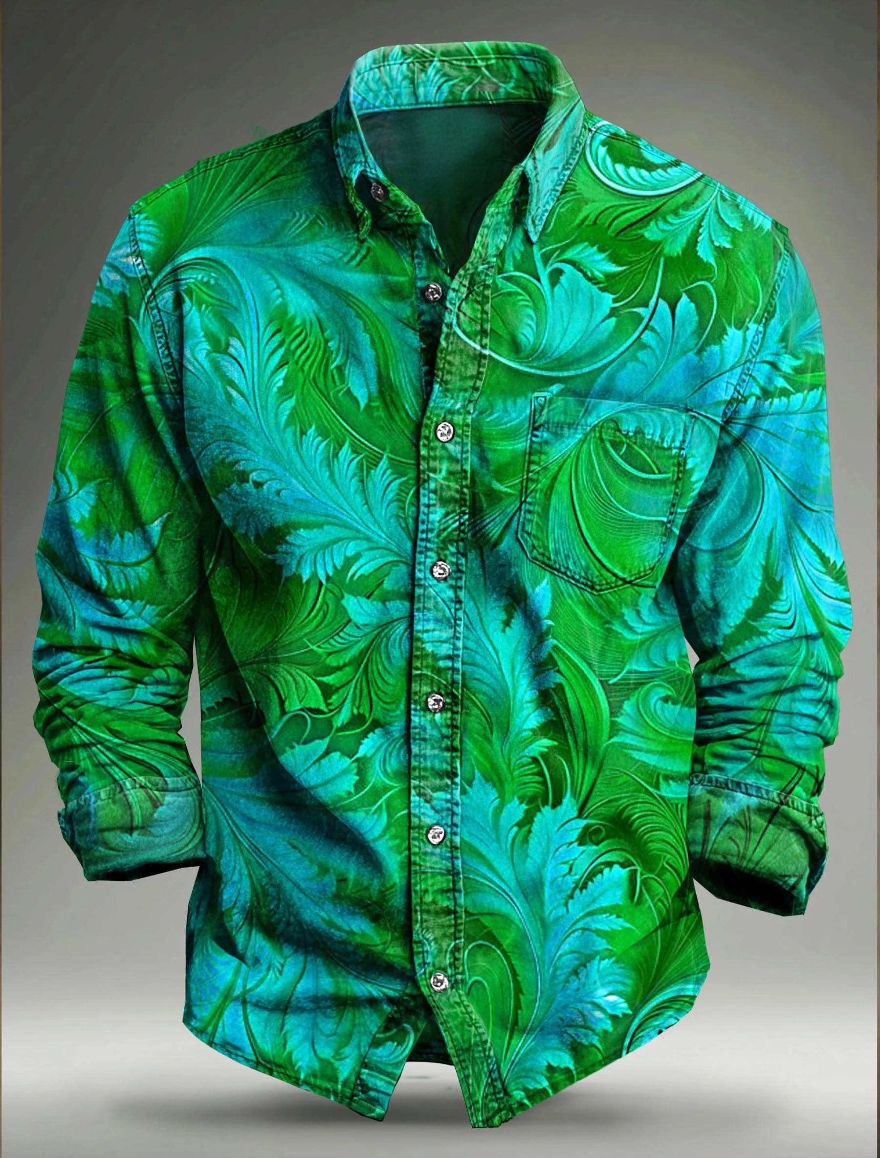 Feathered Scroll Parrot Green Art Print 100% Cotton Long Sleeve Shirt