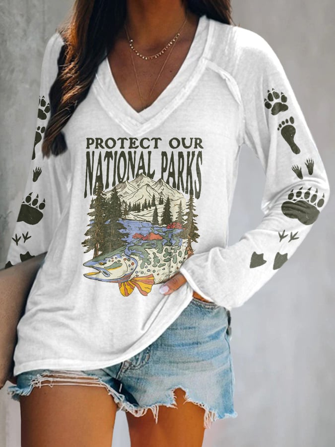 Women's Protect Our National Parks Print V Neck T-Shirt