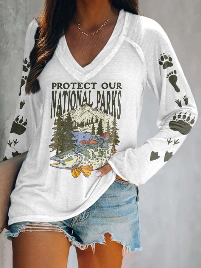 Women's Protect Our National Parks Print V Neck T-Shirt