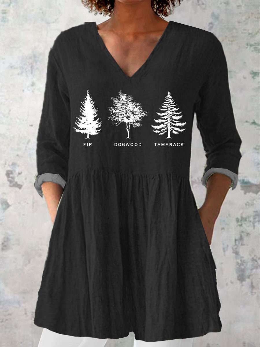 Women's Casual Tree Fdt Printed Cotton And Linen Top