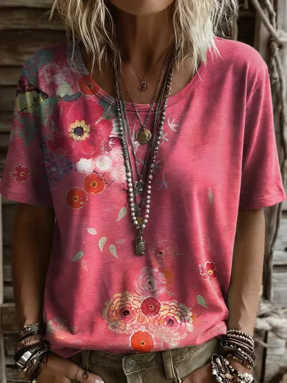 Women's Retro Ethnic Floral Art Print Casual Short-sleeve Round Neck Cotton T-shirt