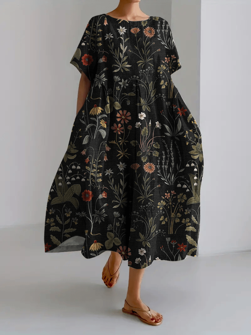 Women's Forest Floral Print Casual Loose Fit Dress (With Pockets)