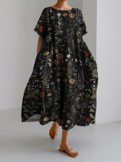 Women's Forest Floral Print Casual Loose Fit Dress (With Pockets)