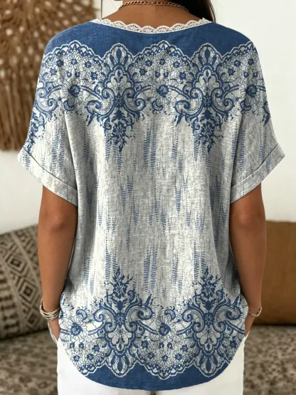 Women's Floral-Print Artistic Lace-Trimmed Casual V-Neck Short-Sleeve Top