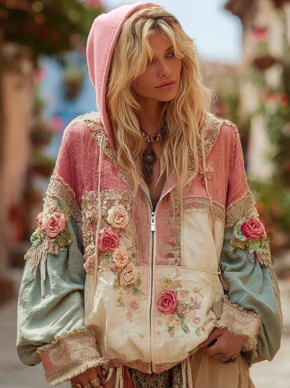 Women's Floral Embroidery Color Block Boho Casual Zip-up Hoodie