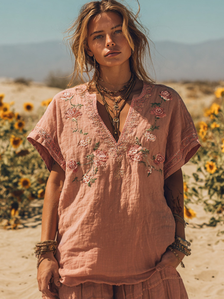 Women's Vintage Pink Floral Art Embroidery Linen T-shirt