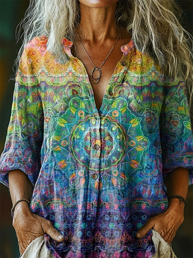 Women's Colorful Mandala Pattern Art Print Casual Cotton Linen Shirt