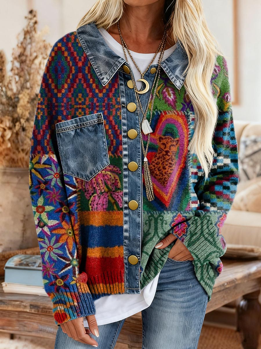 Women's Bohemian Ethnic Pattern Patchwork Art Print Comfortable Denim Patchwork Knit Sweater