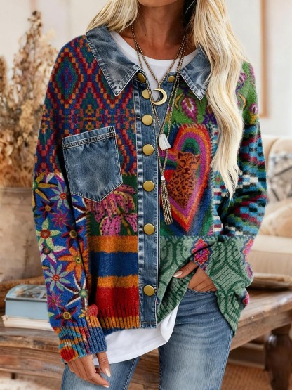 Women's Bohemian Ethnic Pattern Patchwork Art Print Comfortable Denim Patchwork Knit Sweater